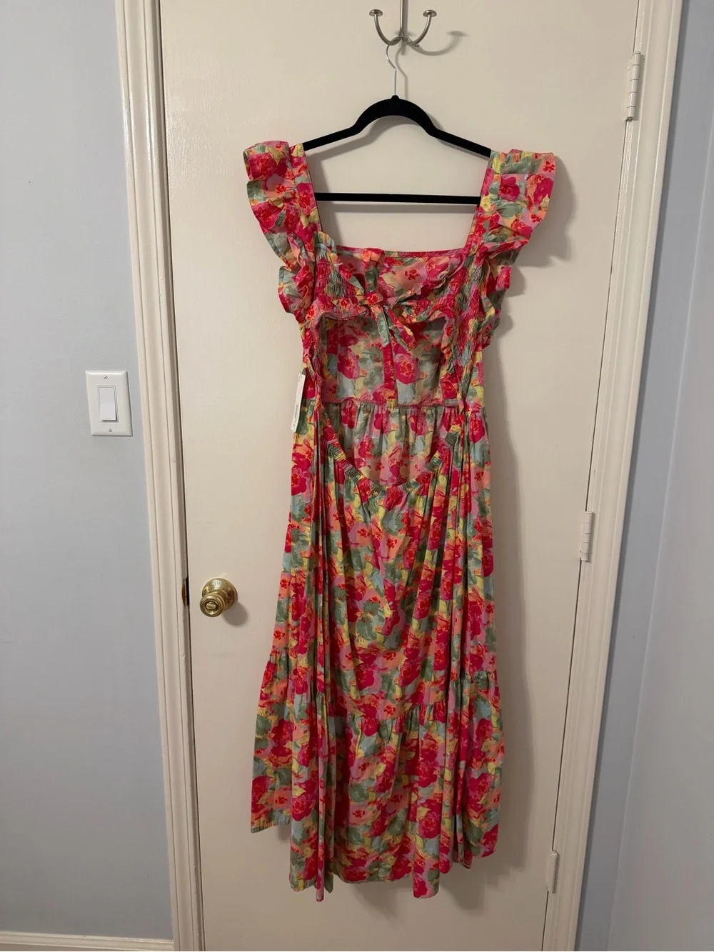 Floral Square-Neck Midi Dress in Pink and Green